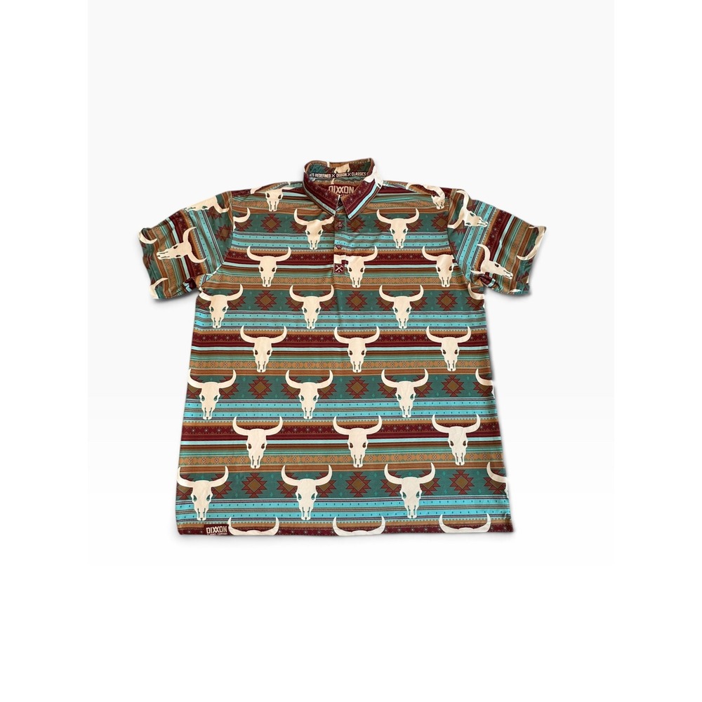 Dixxon Flannel Co Polo Mens 2X Teal Bull Skull Southwestern D-Sport EUC